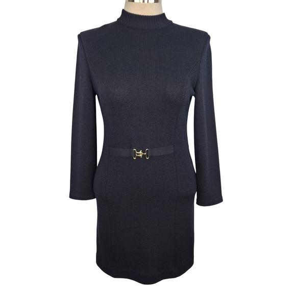 St. John Dresses & Skirts - ST JOHN COLLECTION Black Santana Knit Mock Neck Belted Sheath Dress Size 8